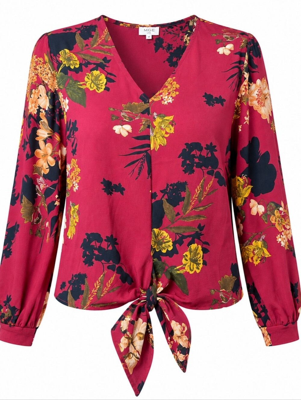 UMGEE | Floral Tie Front V-Neck Blouse Boho Cottagecore Long Sleeve Wine | M